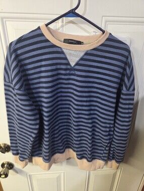 Zesica Womens Blue Striped Crewneck Sweater with Cream Trim